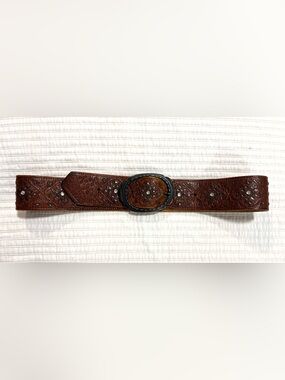 Abercrombie & Fitch Brown Tooled Leather Belt with Oval Buckle